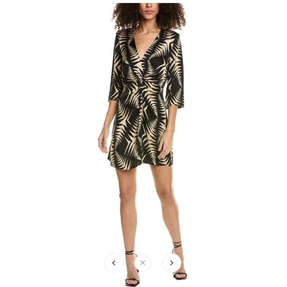 Ba&sh Black Tan Palm Leaf Twist Front‎ V-Neck Mini Dress